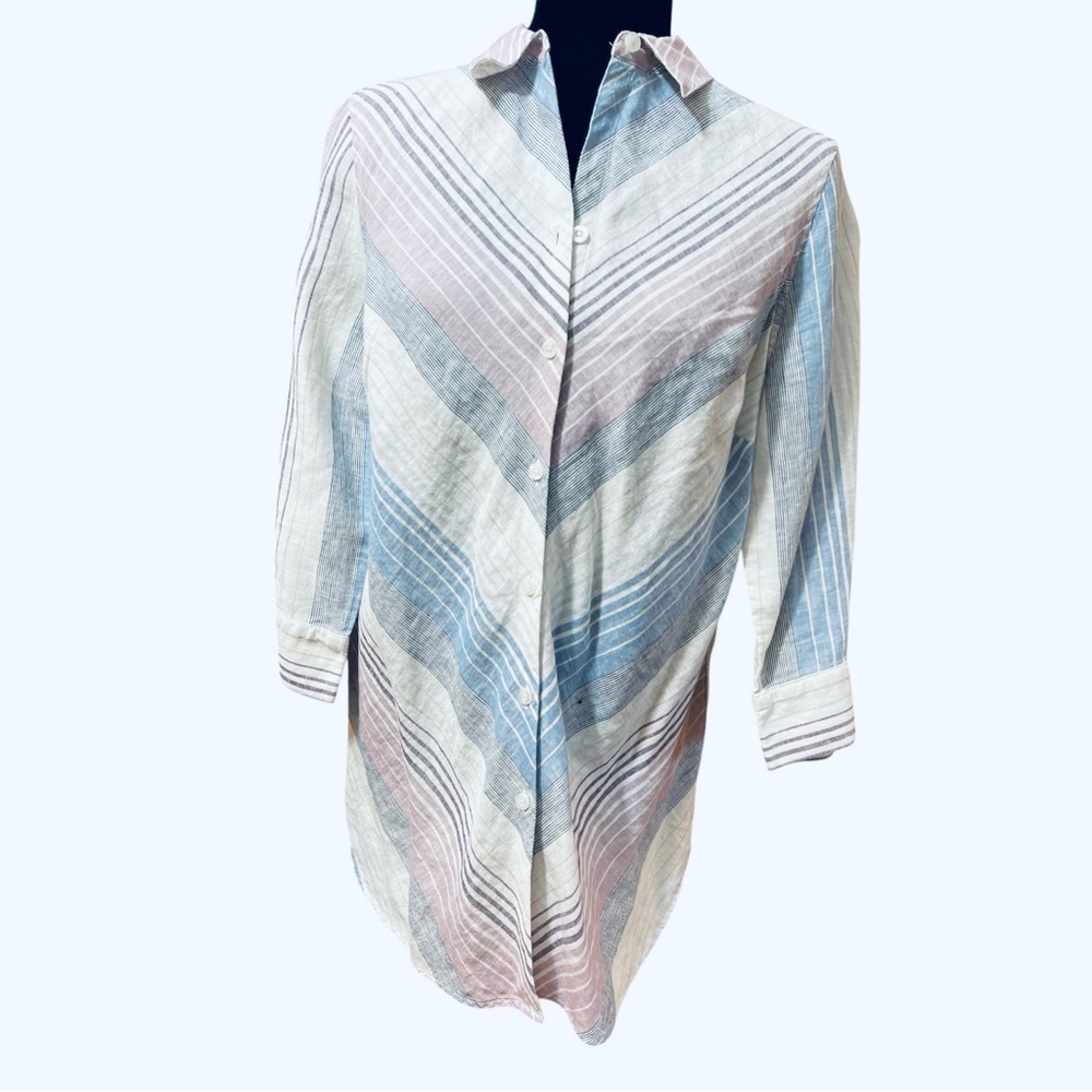CHINOS No Iron 100% Linen Striped Shirttail Hem Tunic Button-Up Shirt. Size 4/6